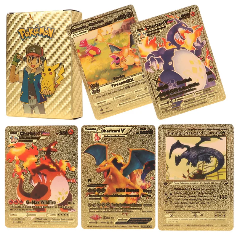 55Pcs/Box English Pokemon cards gold foil Pikachu Charizard Vmax Vstar EX Shiny Card Birthday gift for children