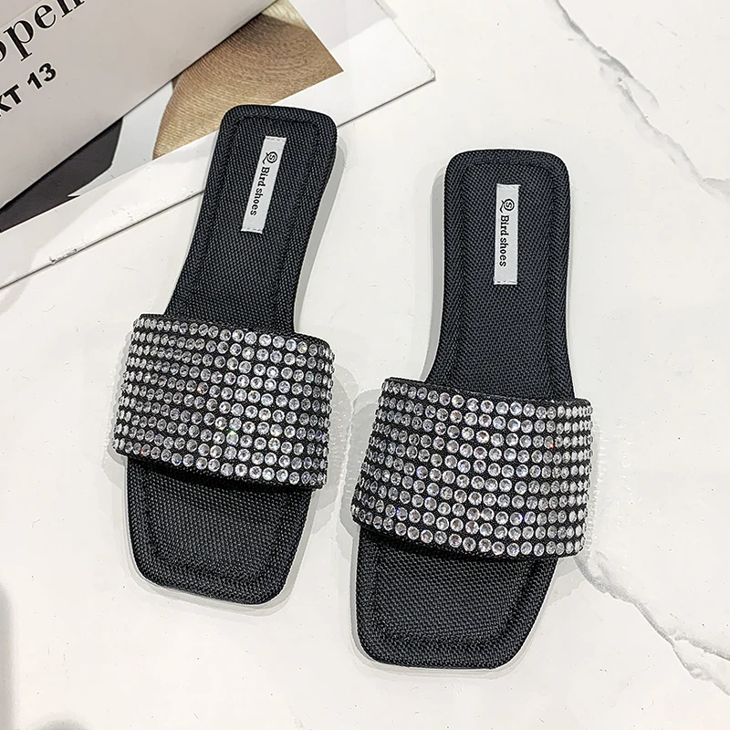 Rhinestone Slippers Women\'s Flat Bottoms Square Head One-piece Sandals Summer Wear Open-toe Slippers Women Beach Shoes Non-slip