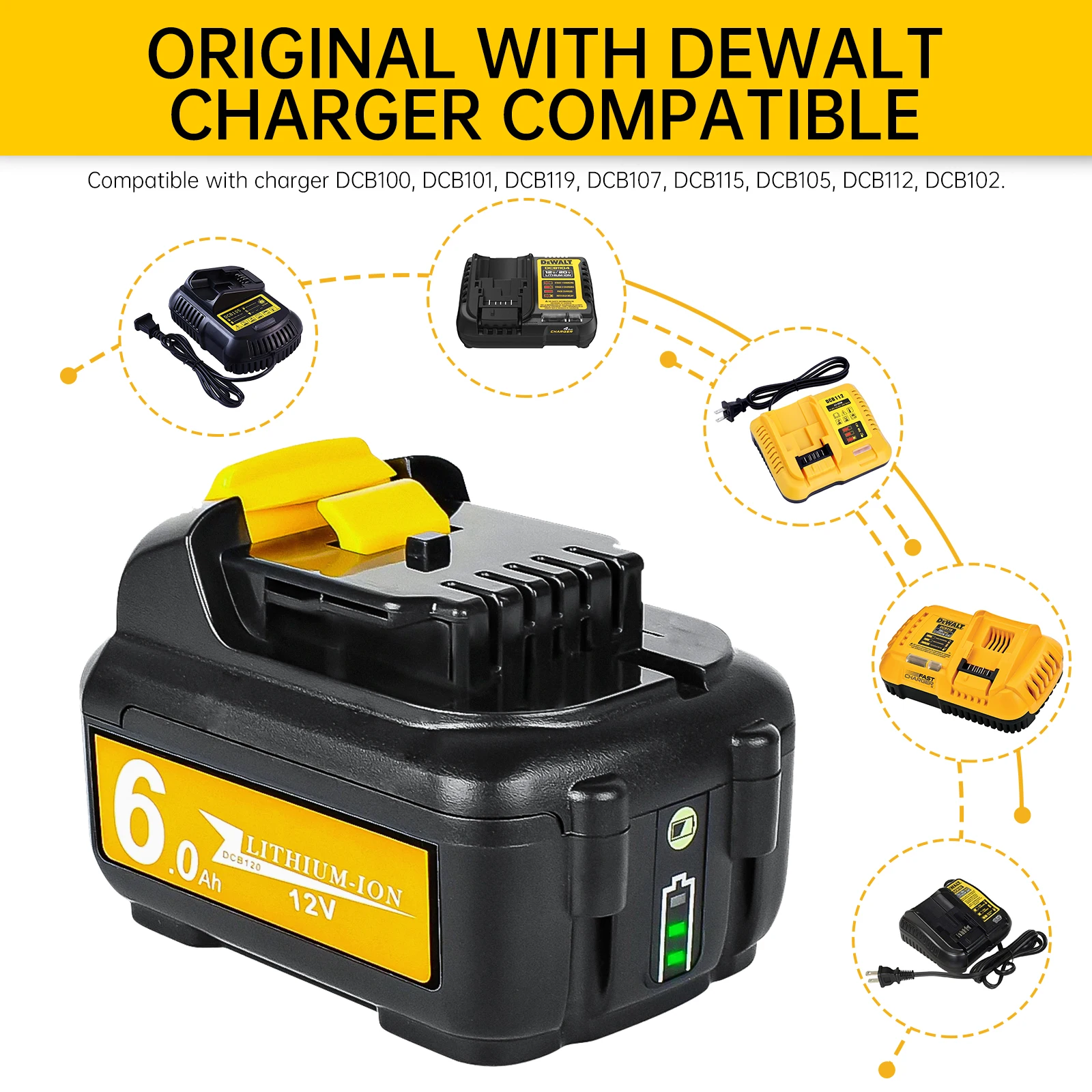 Для Dewalt DCB120 Сменные литий-ионные аккумуляторы 12 В 6000 мАч Аккумулятор DCB123 DCB125 DCB124 DCB122 DCD710 Аккумулятор для электроинструментов