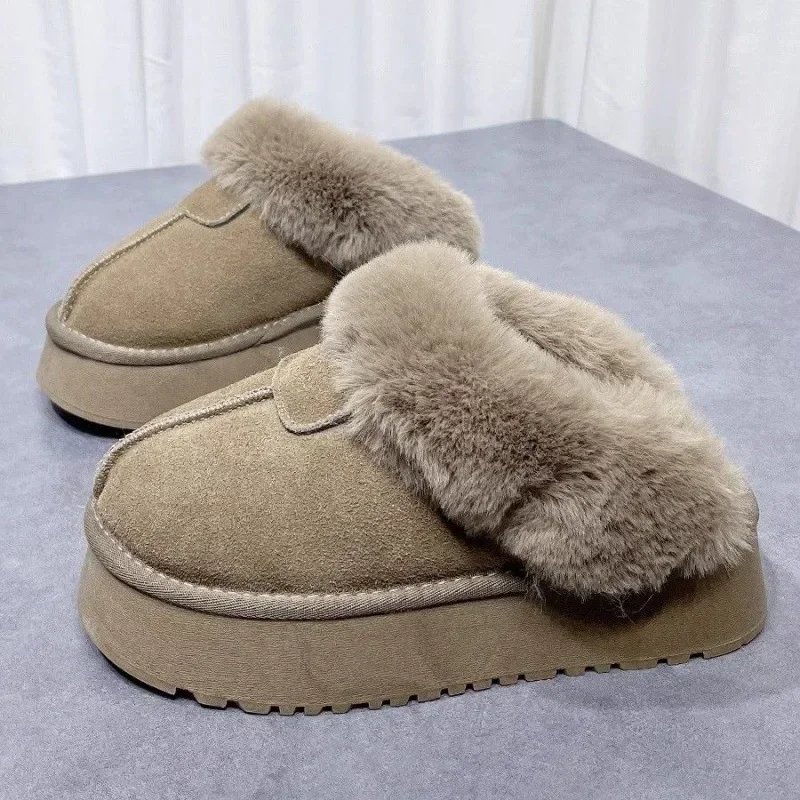 

2024 Autumn/winter New Women's Thickened Fleece-lined Snow Boot Slippers Increased Heel High Top Fluffy Drags Rubber Outsole