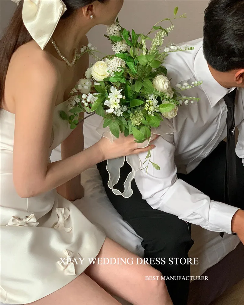 XPAY gaun pernikahan Mini Korea Satin pendek gaun pengantin sederhana tanpa tali bahu pemotretan foto buatan khusus/korset