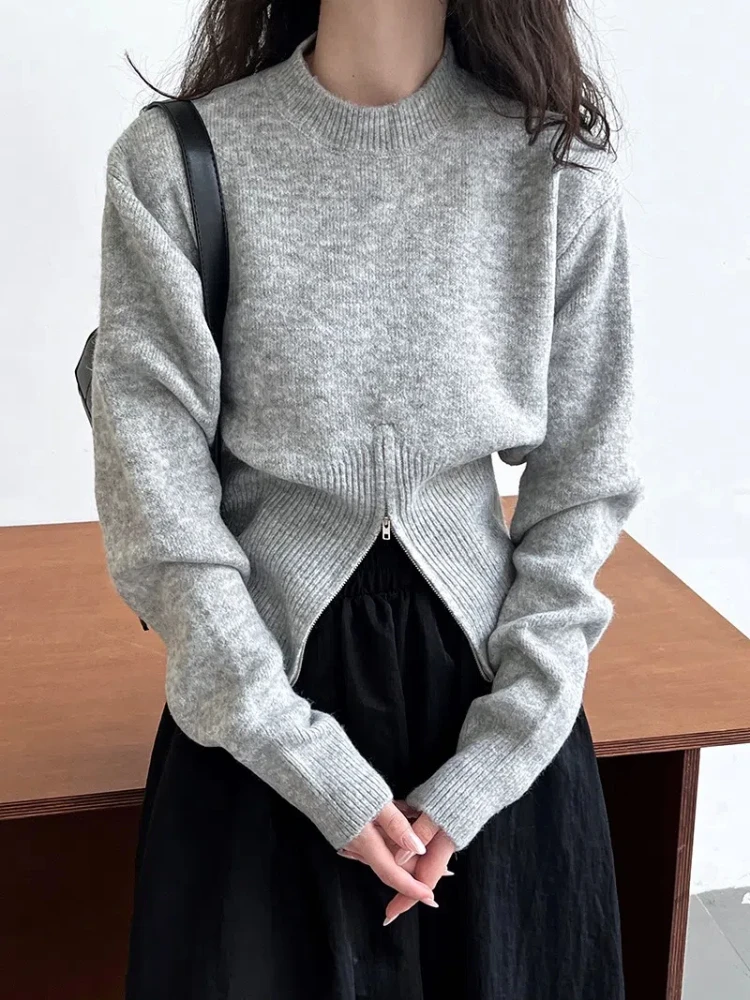 Gray Waist Sweater Women\'s Autumn and Winter Slit Design Small Man Looks Thin Underneath Underneath Short Knitted Top