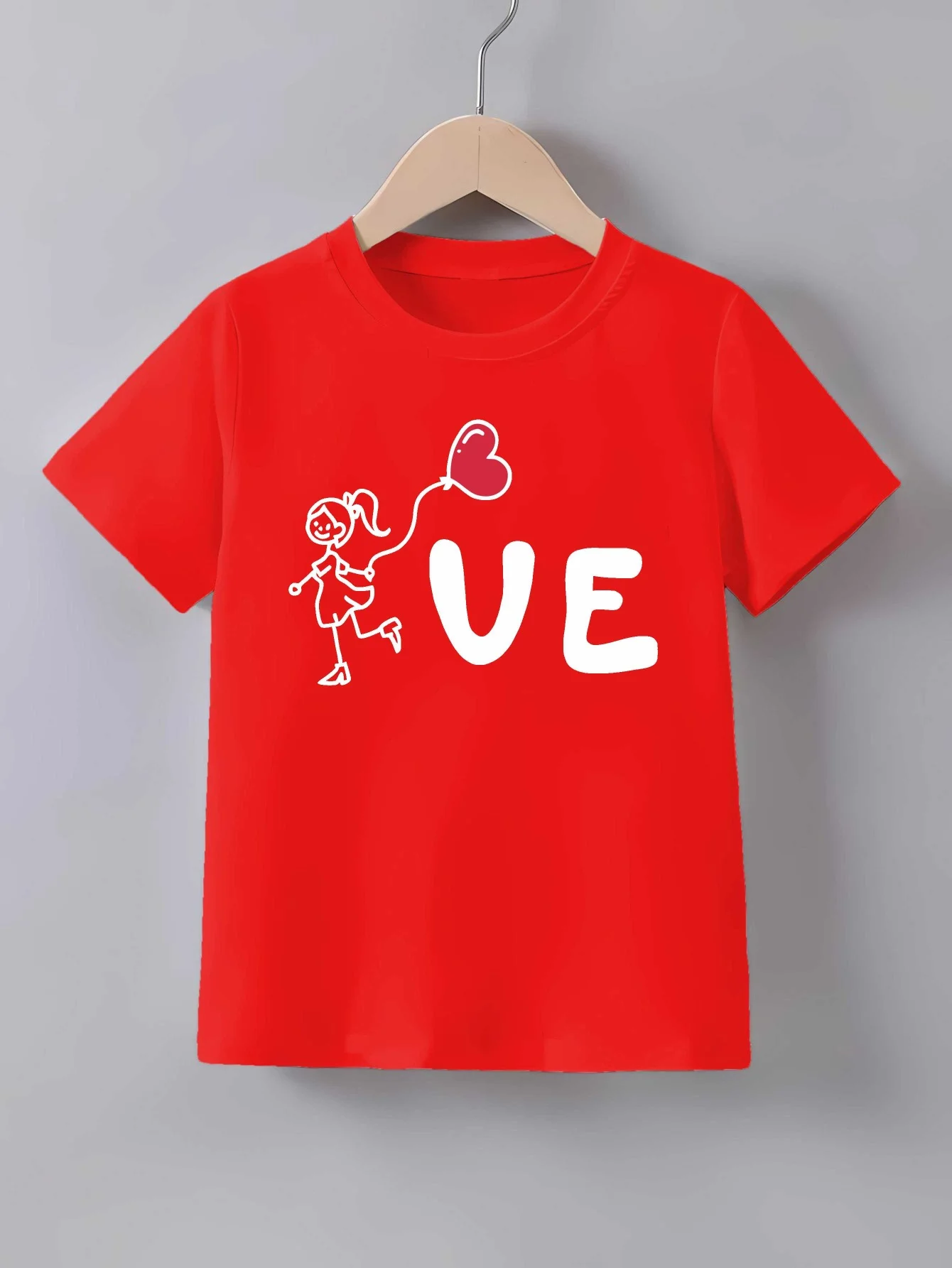 Girl Stick Figure Heart Balloon VE Letter Print T Shirt Family Matching Outfit Boys Girls Kids Short Sleeve Children Daily Tees