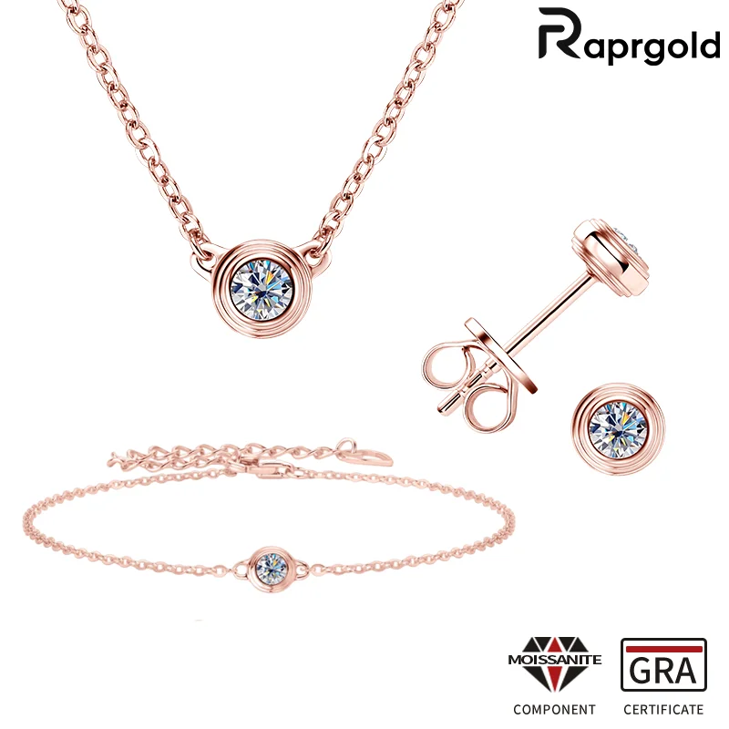 RAPRGOLD certyfikowane okrągłe naszyjniki Moissanite bransoletka stadniny kolczyki zestaw dla kobiet 925 srebro wisiorek naszyjniki biżuteria
