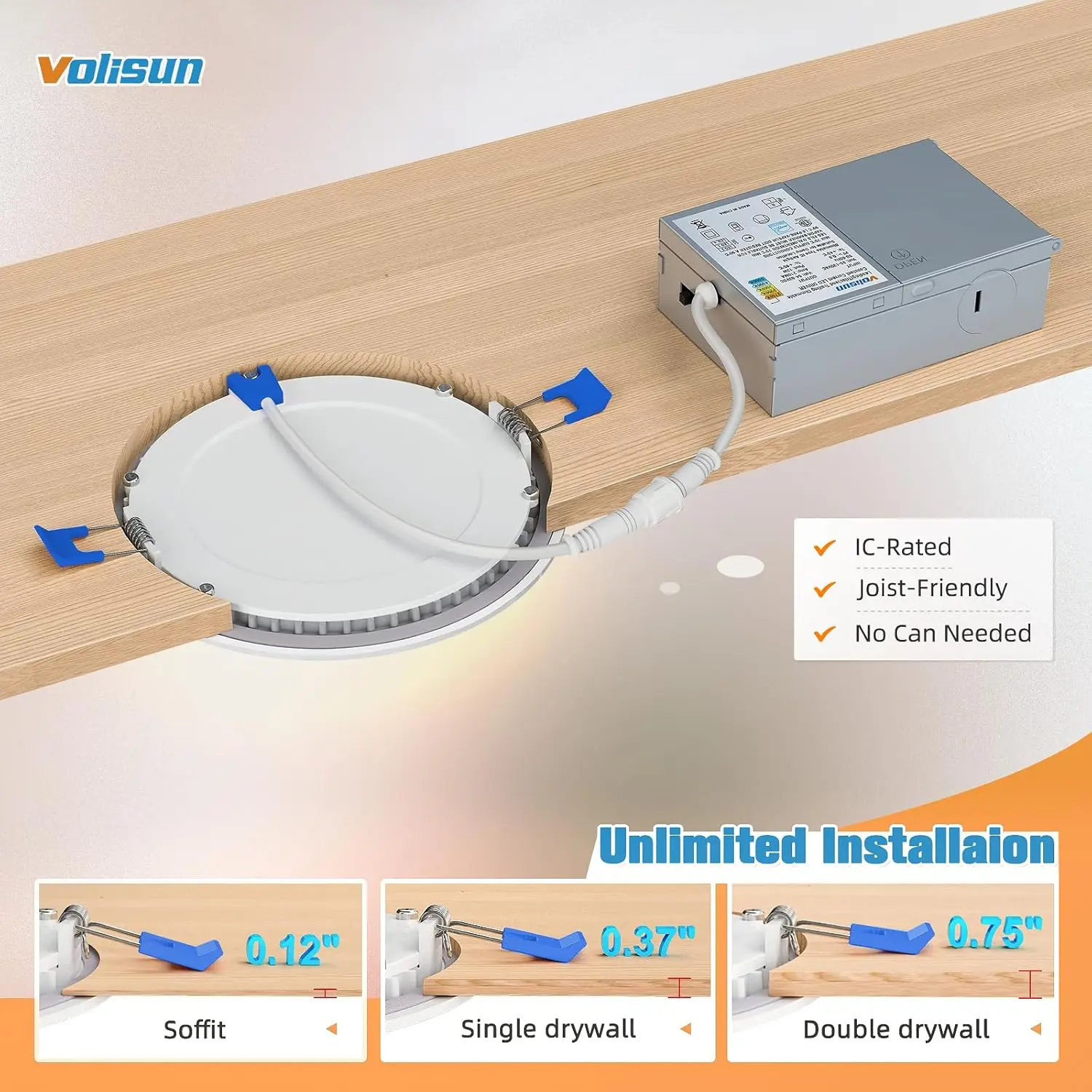 Volisun-Iluminação LED embutida, luz embutida com caixa de junção, 5Cct, 2700K-5000K selecionável, 9.5W, Eqv 80W, 12 Pack, 4 Polegada