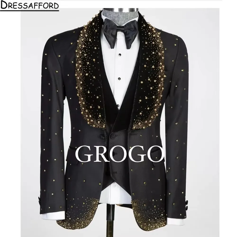 Black Men's Suits Fashion 3 Pieces Sets Groom Prom Blazers Gold Pearls Crystal Decoration Tuxedos Men