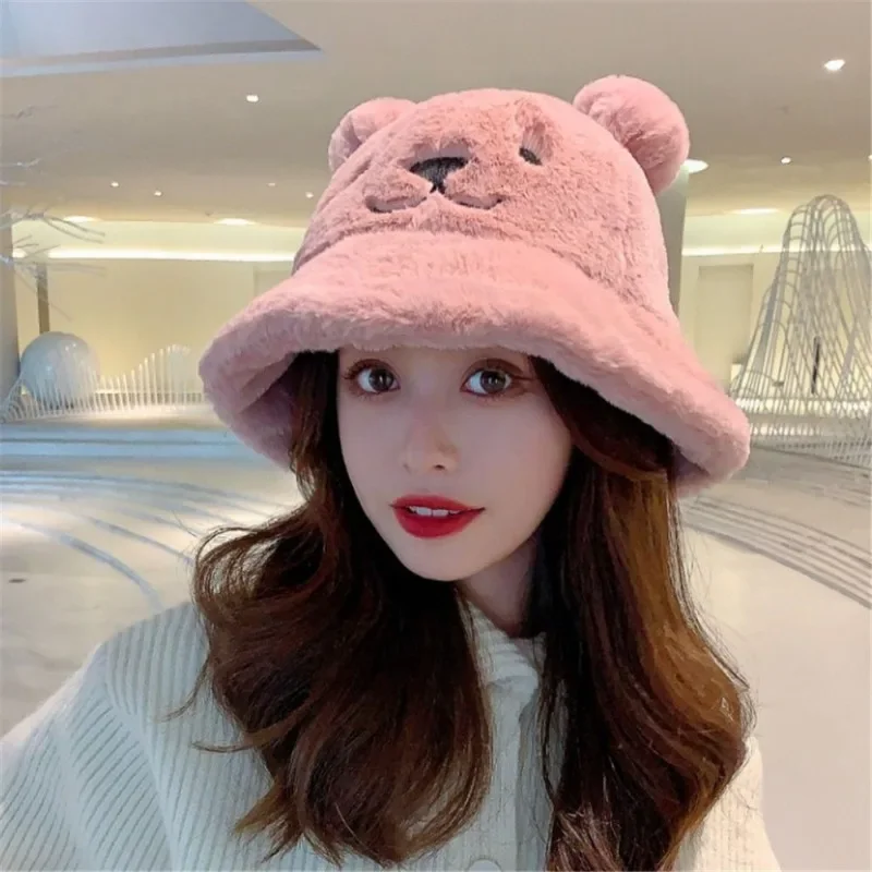 Cute Autumn Winter Leopard Fur Bucket Hat Bear Ear Ball Plush Fisherman Hat Soft Warm Thick Basin Hat Sun Protection Bucket Hats