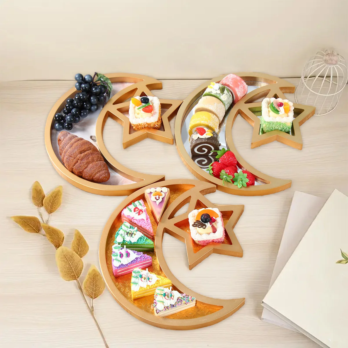 Moon Star Shaped Wooden Tray Islamic Muslim Ramadan Serving Plate Snack Food Storage Container Eid Mubarak 2025 Home Decoration