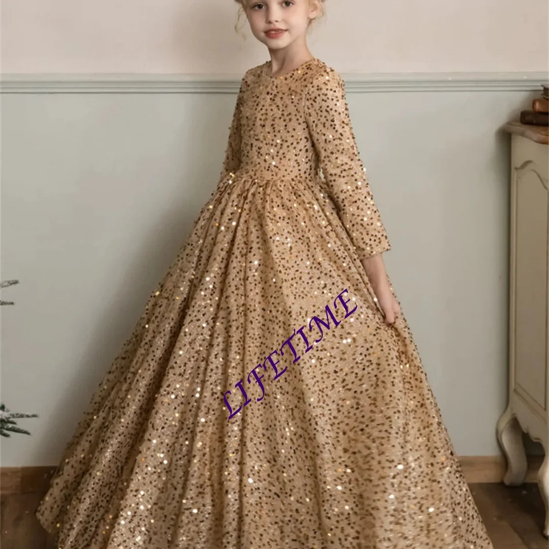 Champagnerfarbenes Blumenmädchenkleid für die Hochzeit, glitzernde Pailletten, volle Ärmel, bauschige Ballkleider für Geburtstag, Festzug, Prinzessin, Erstkommunion
