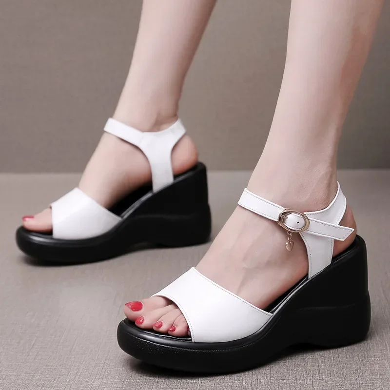 8cm Quality Small Size 32-43 Genuine Leather Shoes Platform Sandals Summer 2024 Womens High Heels Sandals Wedges for Office Mom