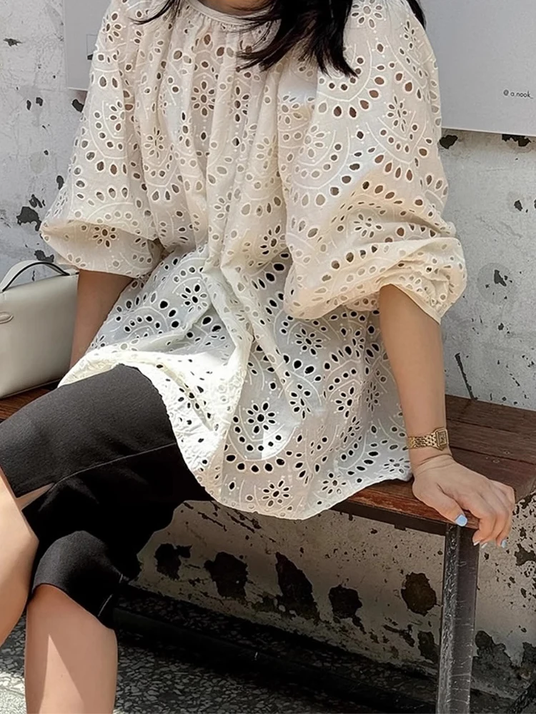

Ele Hollow out Hook Flower Bubble Sve irt Women's Summer New Design Sensation Lace Top Faionable Versatile Sle