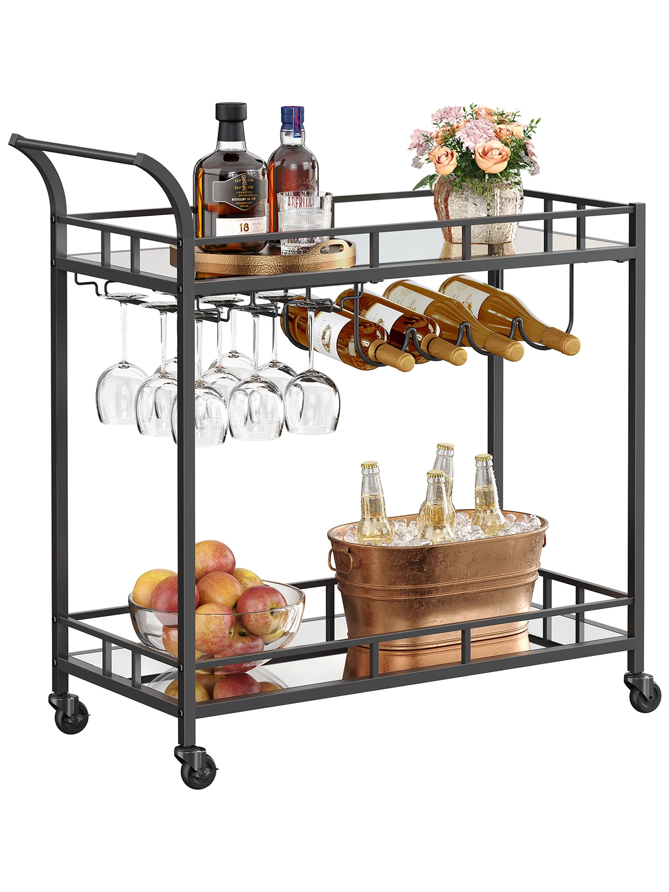 

VASAGLE Bar Cart Black, Home Bar Serving Cart, Wine Cart with 2 Mirrored Shelves, Wine Holders, Glass Holders, for Kitchen