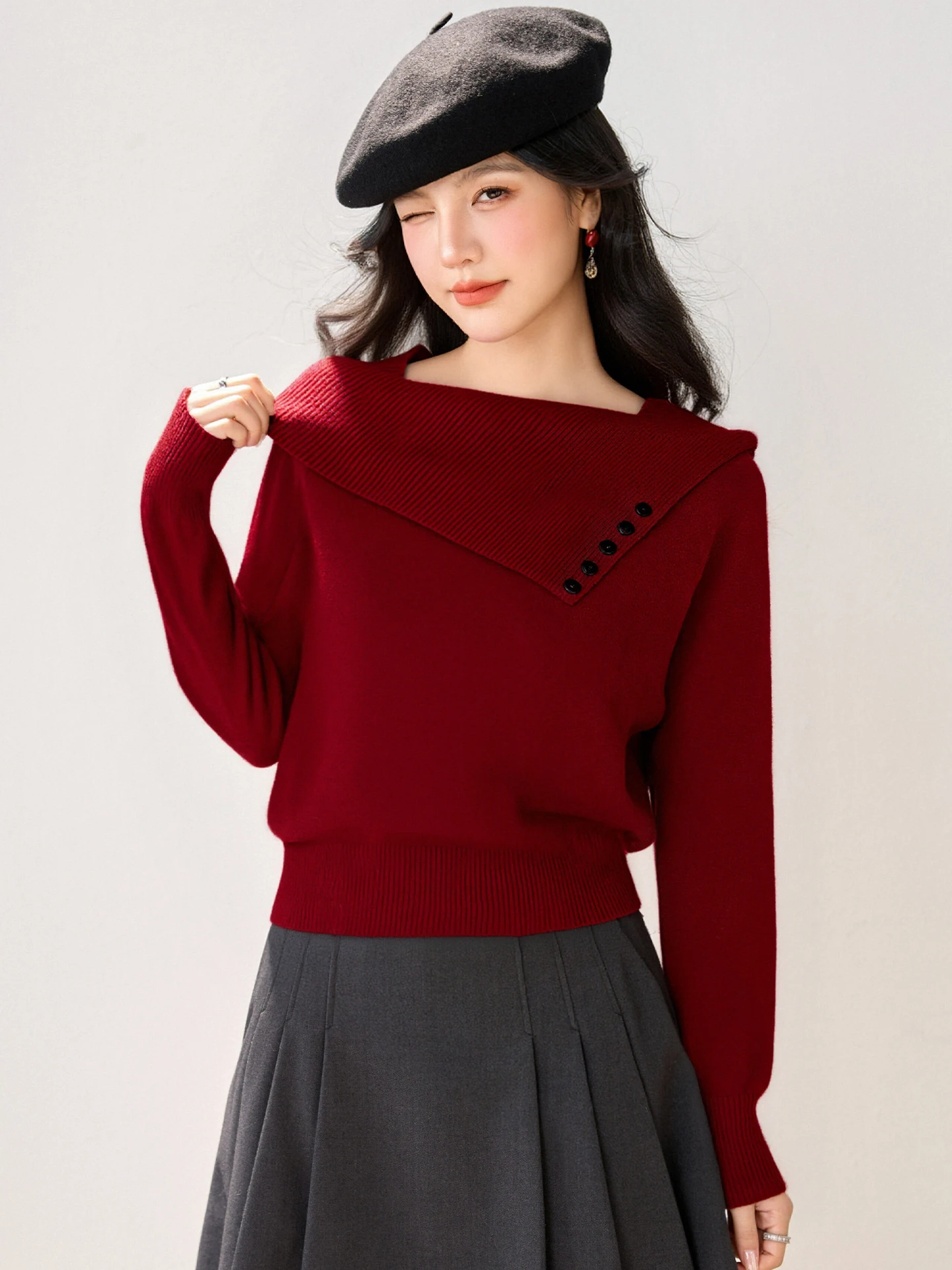 

Women Irregular One-shoulder Lapel Long-sleeved Red Knitted Sweater Tops Autumn Winter Elegant Slim Korean Jumpers Clothes 9741