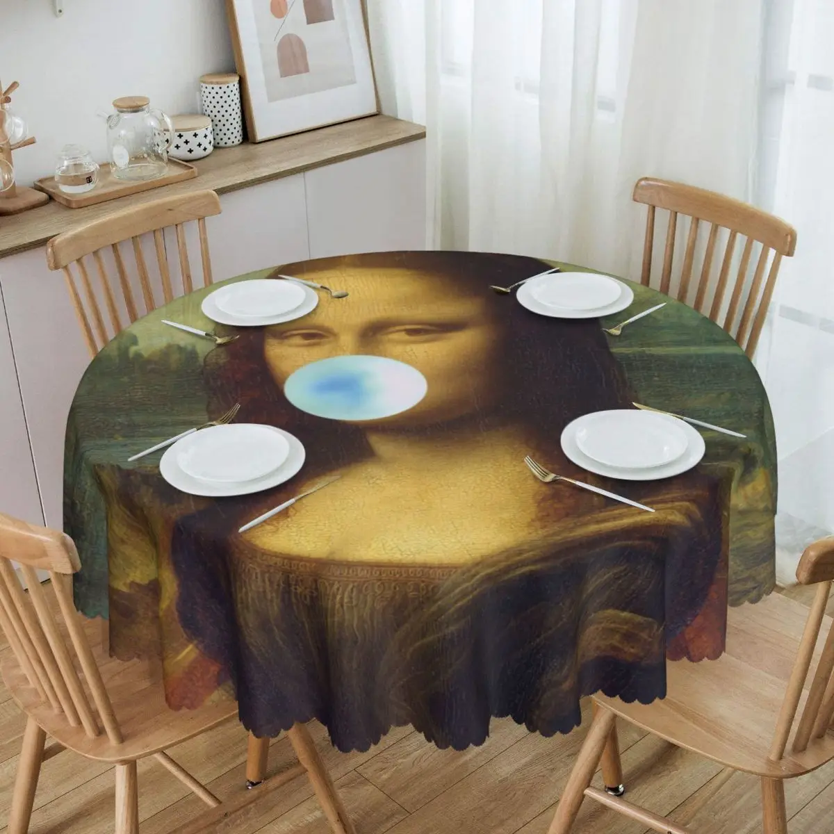 Custom Oilproof Mona Lisa Chewing Bubble Gum Painting Table Cover Van Gogh Leonardo da Vinci Tablecloth for Picnic 60 inch