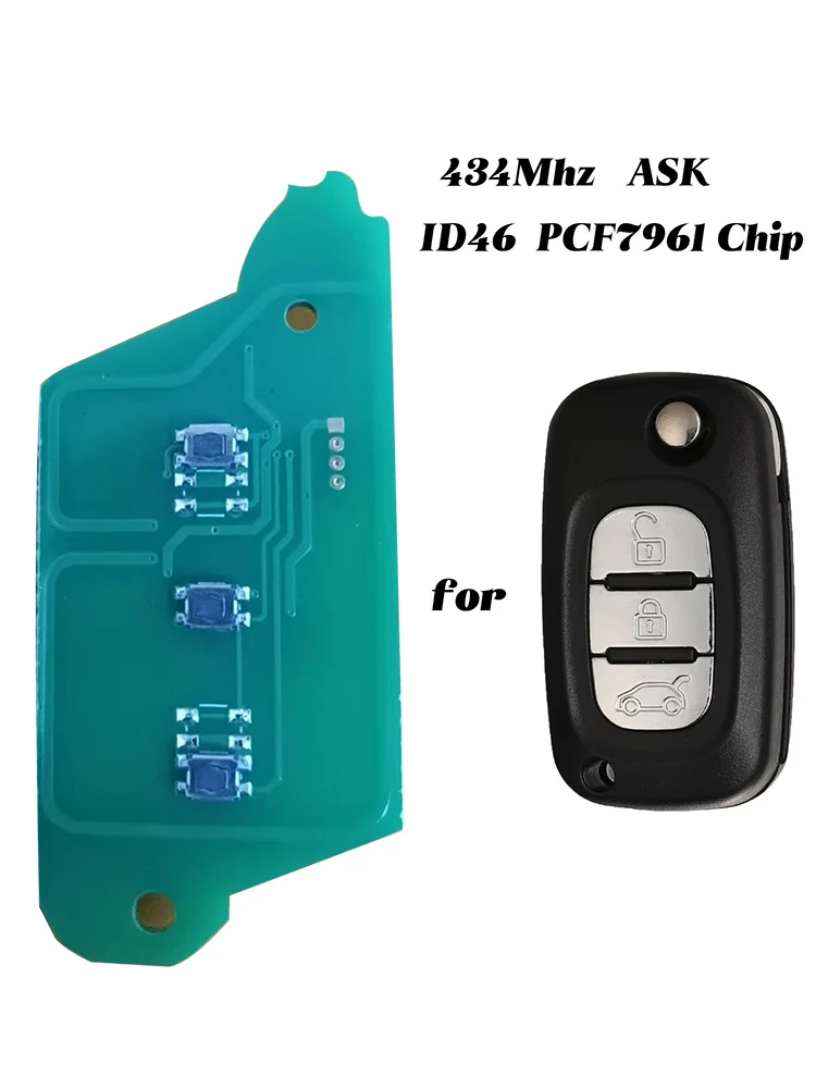Jingyuqin-Circuit imprimé de voiture à distance, 3 boutons, 434Mhz, FSK, ID46, puce PCF7941, Renault Clio III, 3 Master, Twingo, 2006-2016
