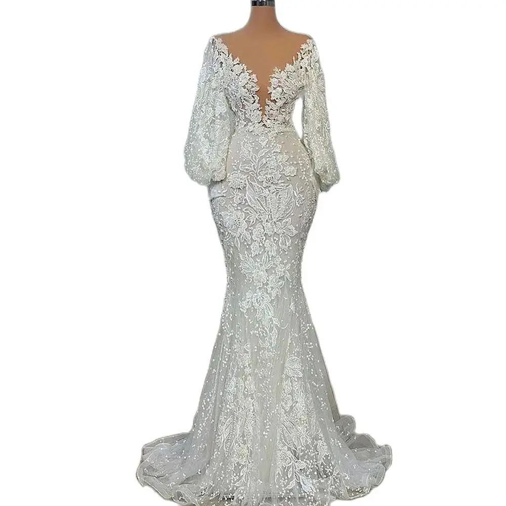 Long Puffy Sleeves Tulle Mermaid Wedding Dresses Luxury Sheer Neck Embrioidery Lace African Trumpet Fishtail Bridal Gowns