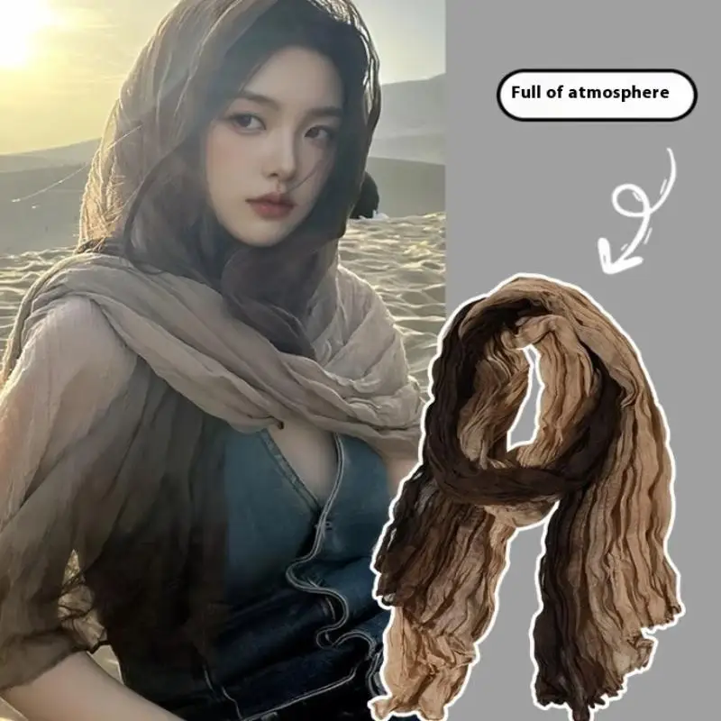 Bufanda de cáñamo de algodón degradado estilo desierto bufanda arrugada Vintage moda invierno cálido bufanda Casual chal