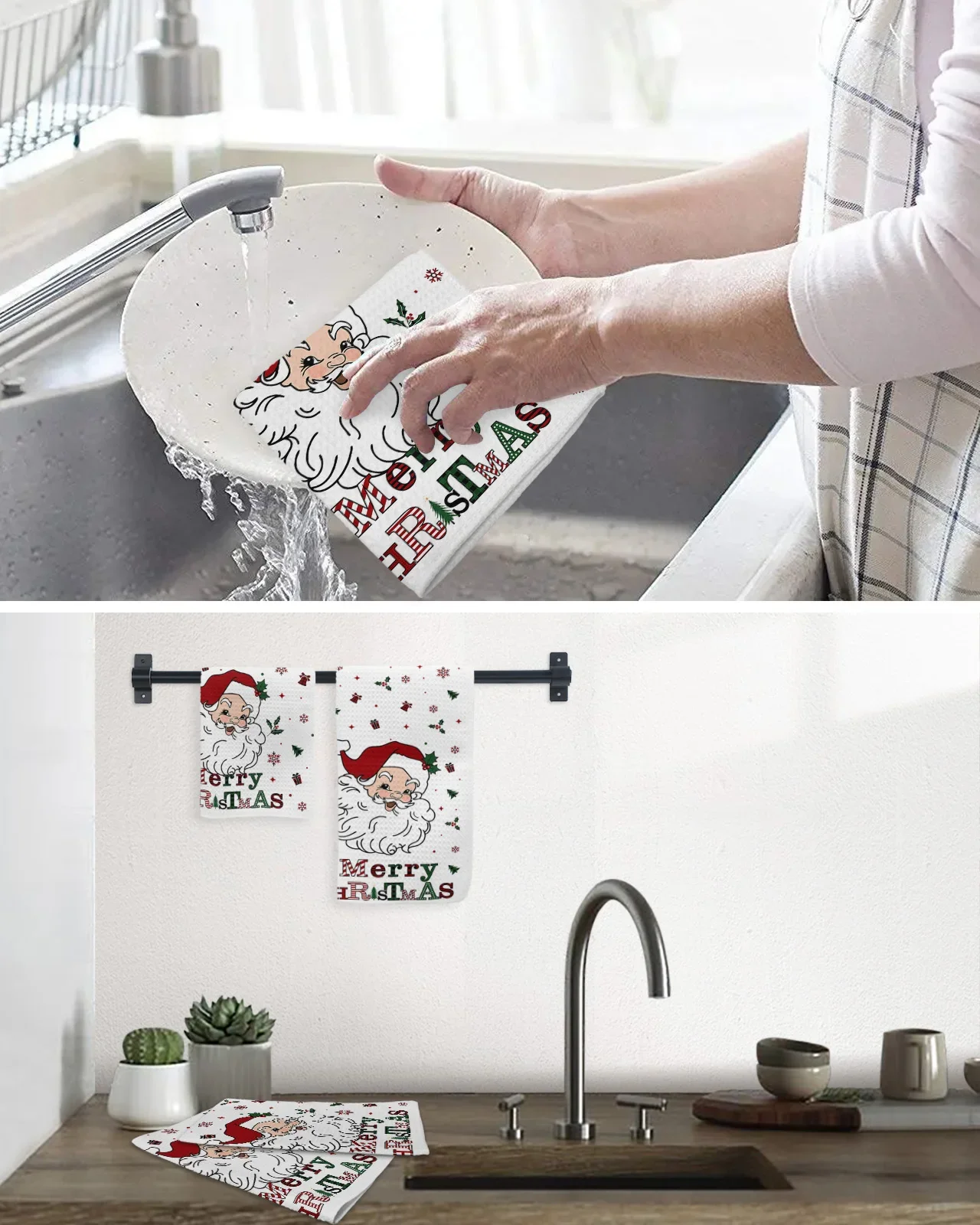 Christmas Winter Santa Claus 30*30cm Waffle Microfiber Kitchen Towel Soft Cleaning Cloth Scouring Pad Wiping Rag