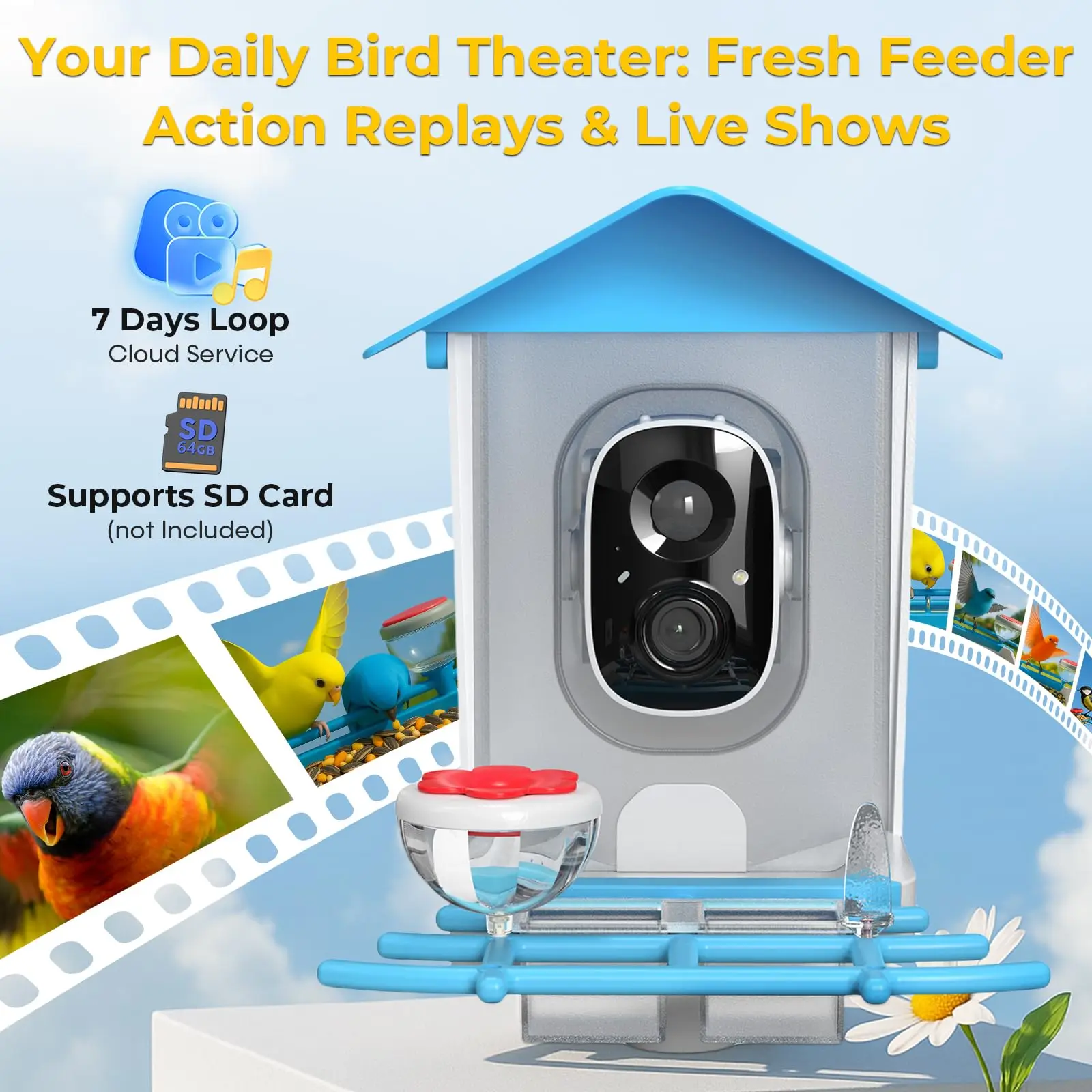 Smart Bird Feeder Camera 2K Live Stream AI Recognition Solar Motion Alert SquirrelProof Sensor Night Vision Weatherproof Outdoor view 5