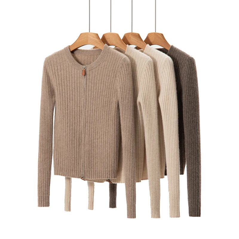 

Double Zipper Women's 100% Cashmere Cardigan Sweater O-neck Slim Fit Autumn Winter Knit Jacket Soft Comfort High-end Temperament