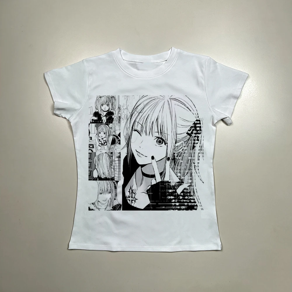 Damen Death Note Misa Amane Manga Panel Grafik Langarm-Oberteil Anime Y2K Harajuku Gothic Slim Weißes Crop-Shirt Streetwear – Detail 3
