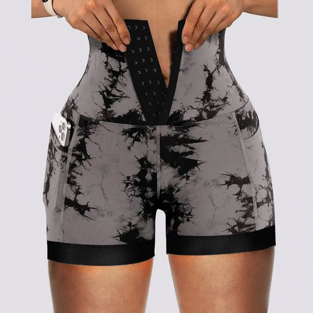 Calção de cintura alta feminina com estampa corante gravata, design de bolso com controle da barriga, shorts casuais magros, moda acima do joelho