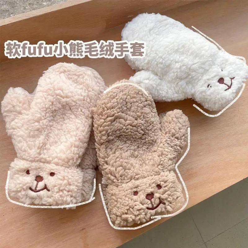 

1Pair Winter Warm Furred Gloves Cartoon Bear Mittens For Women Thicken Cold-Proof Skiing-Riding Gloves Outdoor Plush Mittens