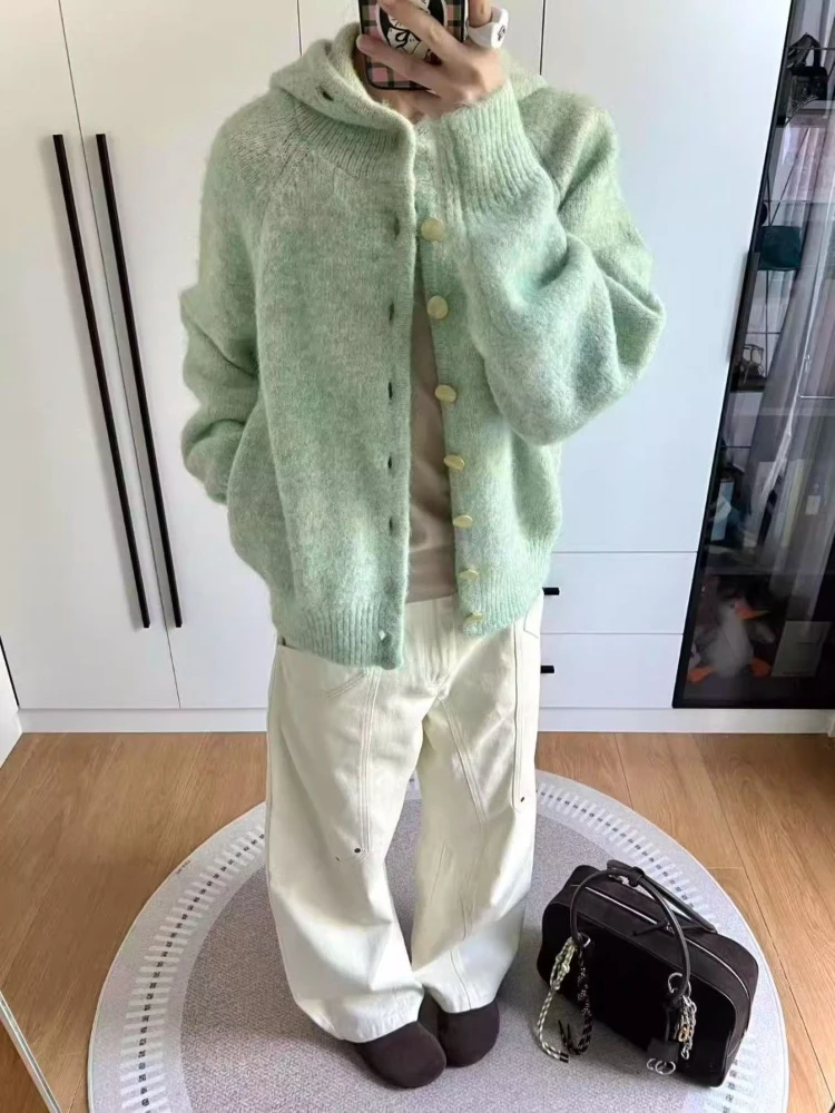 

Deeptown Korean Style Knitted Cardigan Women Sweet Elegant Green Hooded Sweater Coats Vintage Casual Loose Long Sleeve Cardigans