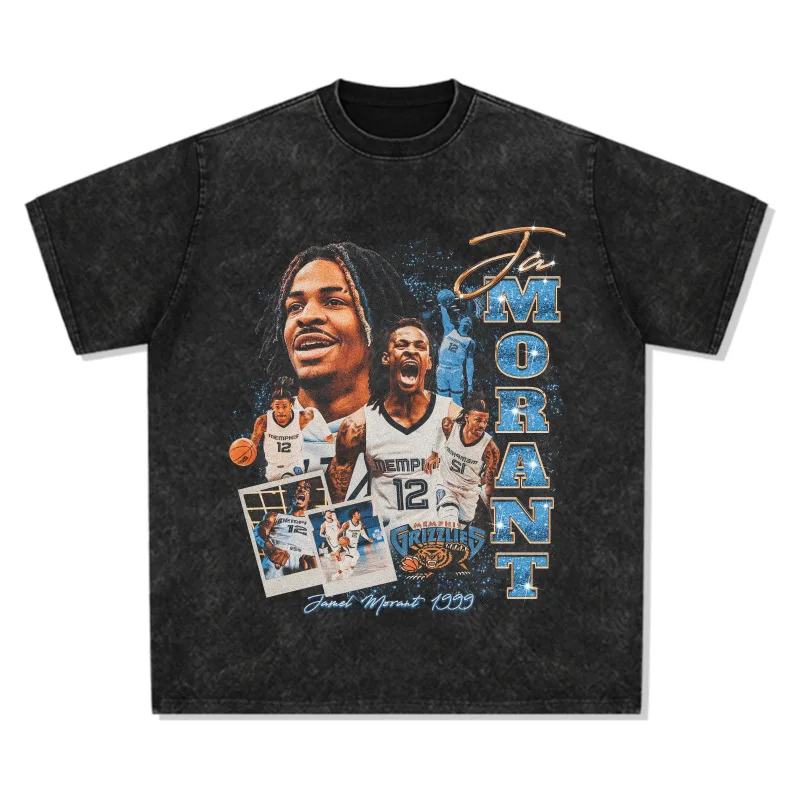 

2025 Morant American Star T-shirt, Street Hip-hop Trendy Brand, Retro Print, Aged Wash, Heavyweight, Pure Cotton Round Neck
