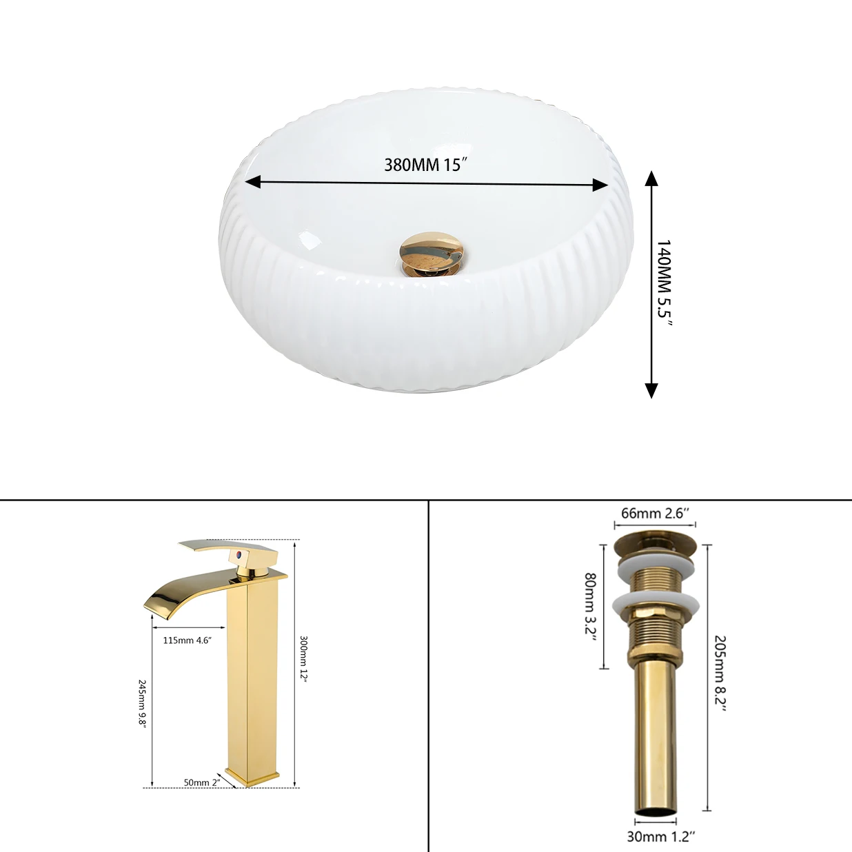 KEMAIDI White Bathroom Sink Round Bathroom Sink Ceramic Basin Bowl Sink with Gold Faucet Drain Counterop Basin Bowl For Bathroom
