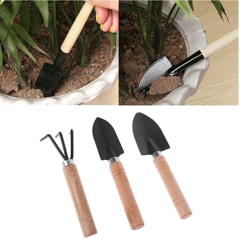 3pcs Mini Garden Tools Shovel Rake Spade Erramientas Bonsai Set Wooden Handle For Flowers Potted Plant Flower Planting D1