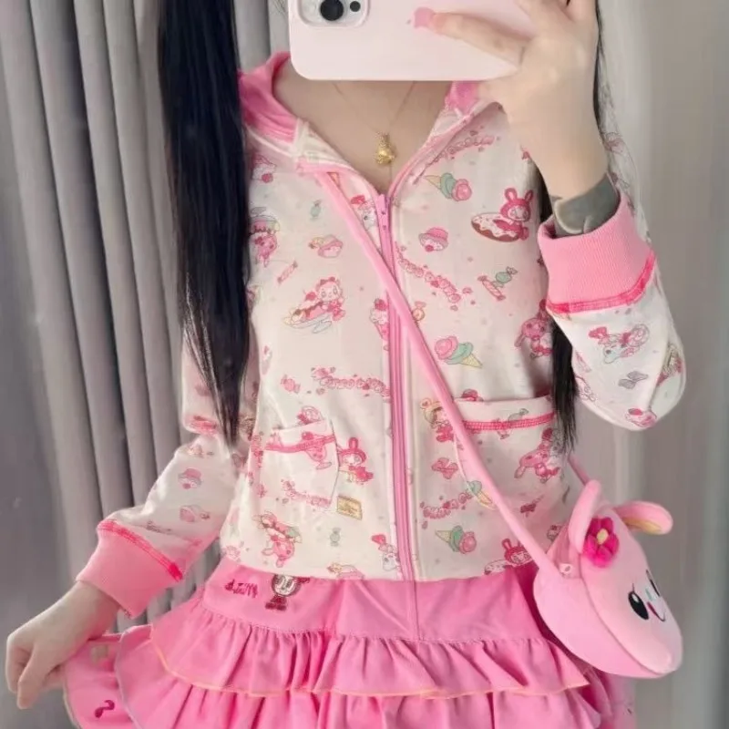 Bluzy z kapturem w stylu Harajuku, estetyka subkultury, japońskie kawaii, bluza z nadrukiem kreskówkowym, urocza codzienna kurtka, damska bluza rozpinana na zamek, słodka bluza