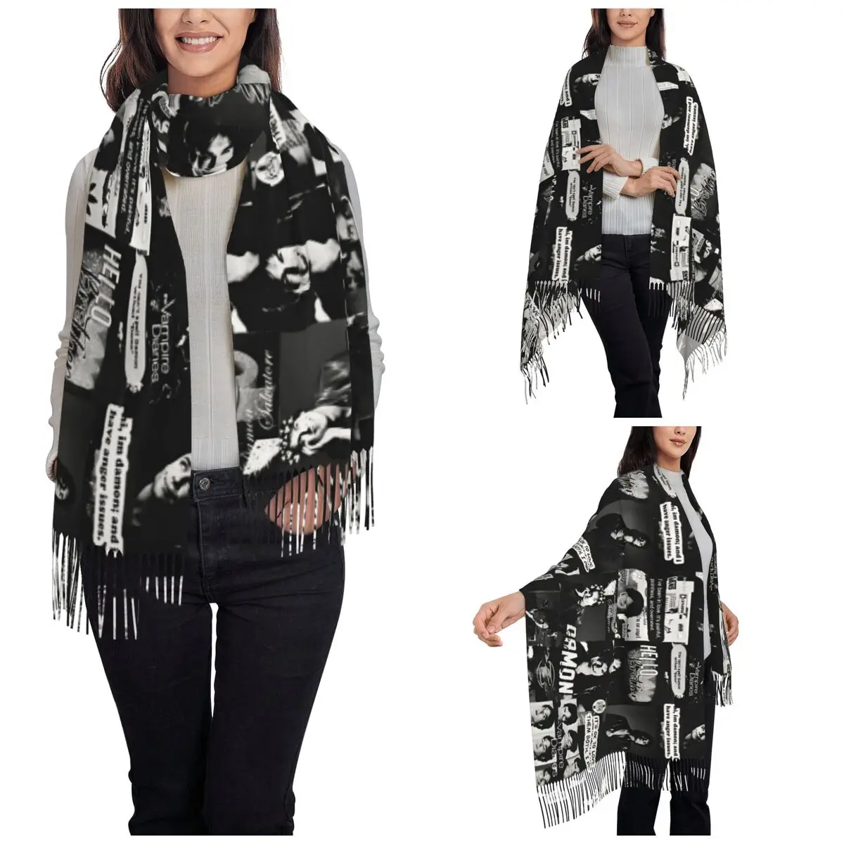 The Vampire Diaries Damon Salvatore Scarf for Womens Winter Fall Pashmina Shawls and Wrap TV Series Large Scarves with Tassel