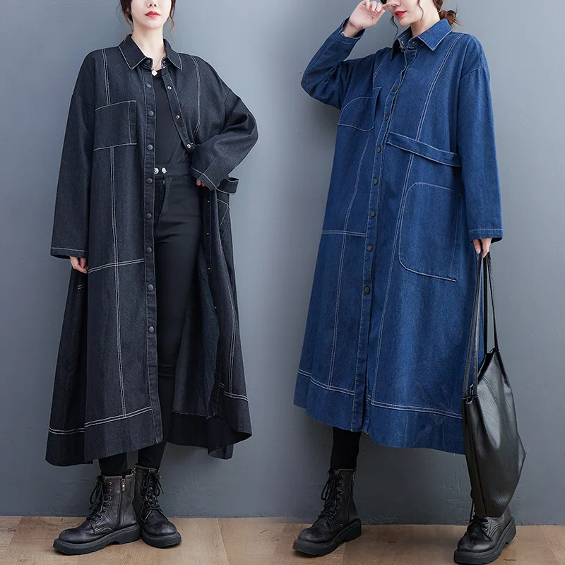

Women Denim Trench Coat Jacket Washed Windbreaker Vintage Outerwear Single Breasted Turn Down Collar Streetwear Autumn 2025