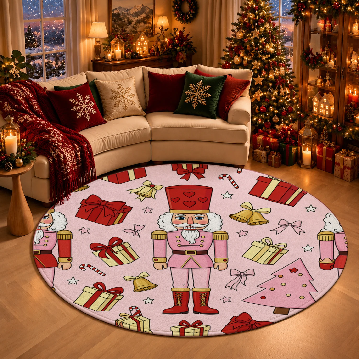 Nutcracker Christmas Pattern Round Decorative Velvet Rug Machine Washable for Living Room Bedroom Dining Area Halloween Thanksgiving Black Friday Christmas New Year