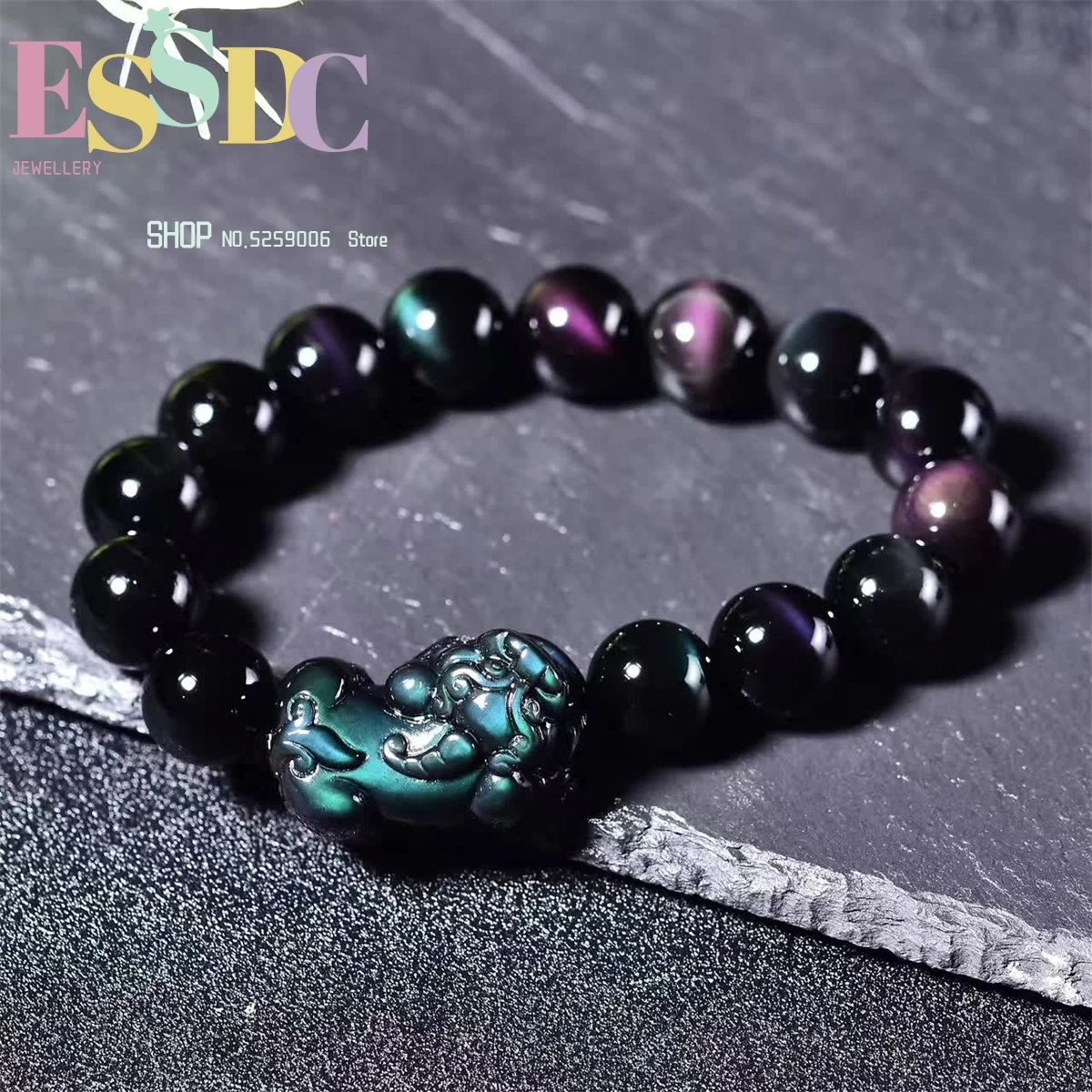 Natural Rainbow Eye Obsidian Bracelet With Smooth Surface Small Elbow Pixiu Men And Women's Single Loop Gift Jewelry Ornaments