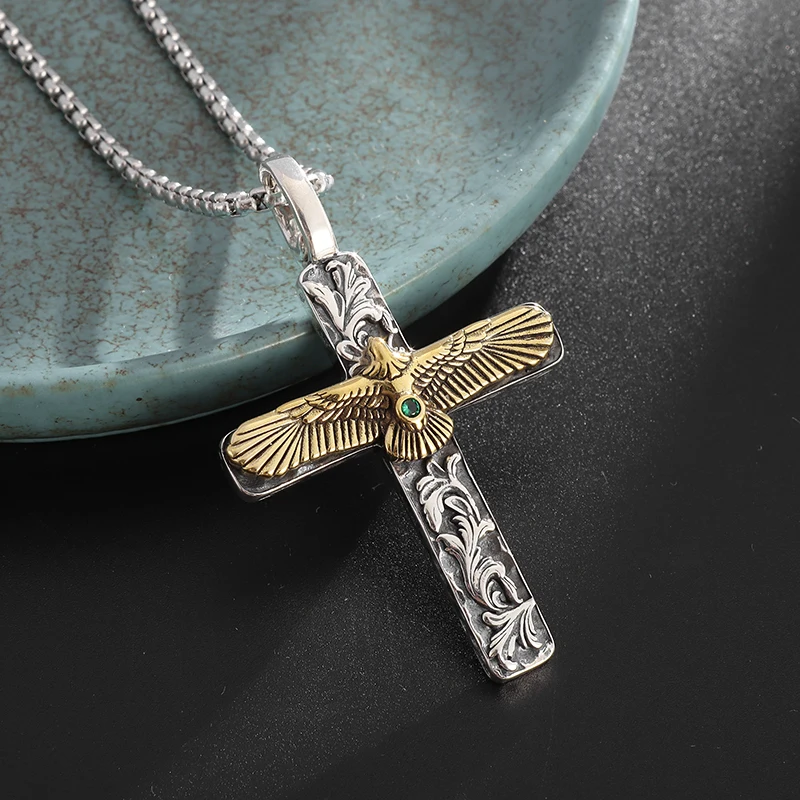 Retro Tang Grass Pattern Golden Eagle Cross Pendant Necklace for Men and Women Punk Personalized Jewelry Gift