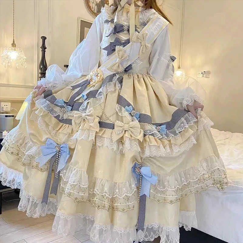 Elegance Vintage Palace Lolita Dress Sweet Princess Lace Sleeve Blouses Bowknot Ruffled High Waist Long Victorian Gothic Dress