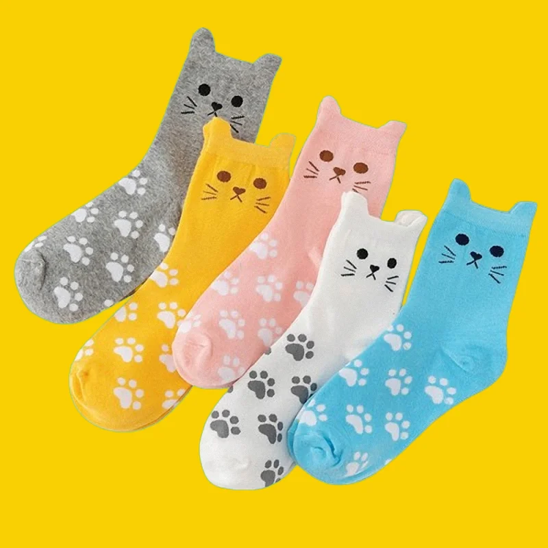 Calcetines de gato de tubo medio para mujer, medias informales de estilo coreano, de algodón cálido, a la moda, novedad de otoño e invierno, 5/10 pares