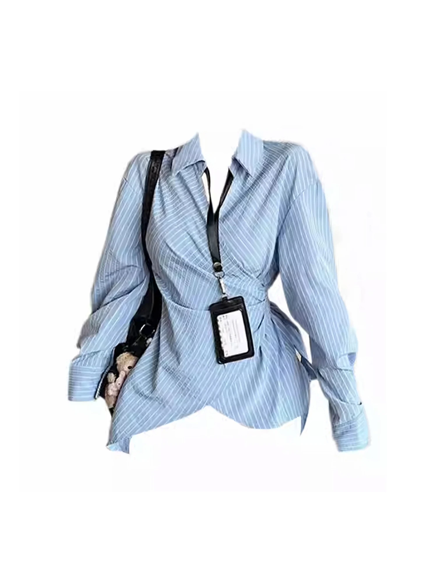

Women Blue Striped Shirts and Blouses Aesthetic Y2k 2000s Ladies Top Vintage Elegant Long Sleeve Polo-Neck Shirt Clothes Autumn