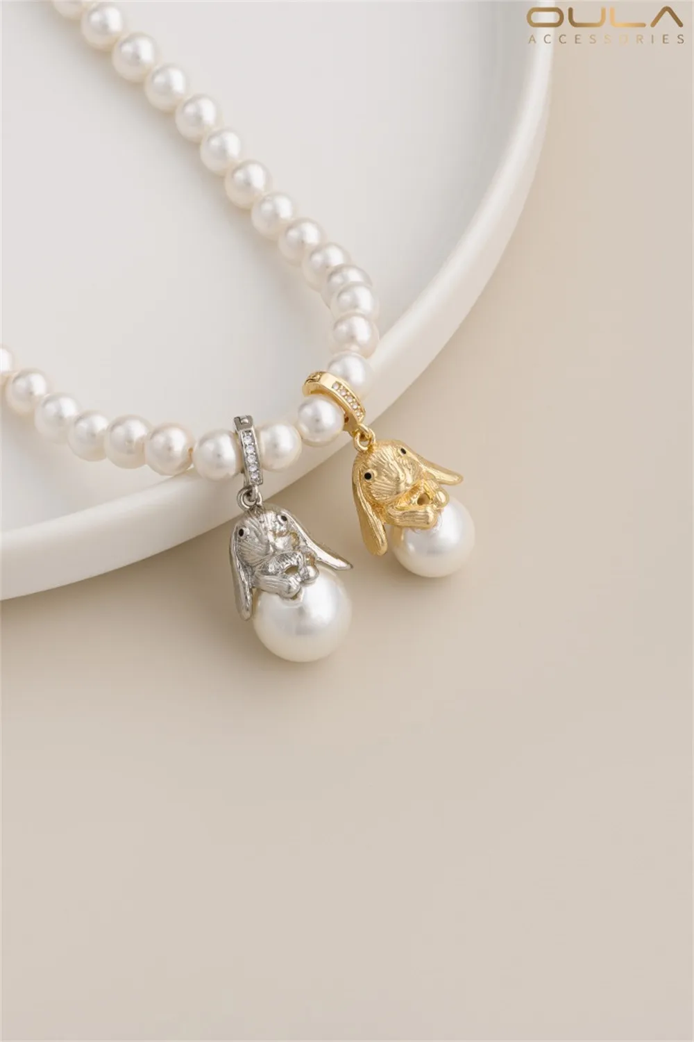 14K Gold-wrapped Melon Seed Rabbit Bead Holder Pendant, Long-eared Rabbit Diy Handmade Sticky Crystal Pearl Necklace Pendant