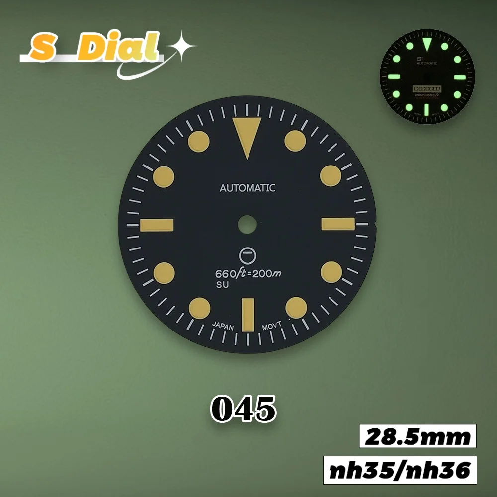 جديد 28.5 مللي متر S شعار NH35 الهاتفي الرجعية الفرعية الأسود الهاتفي صالح NH35/NH36/4R/7S الحركة اليابانية C3 الأخضر مضيئة ساعة اكسسوارات