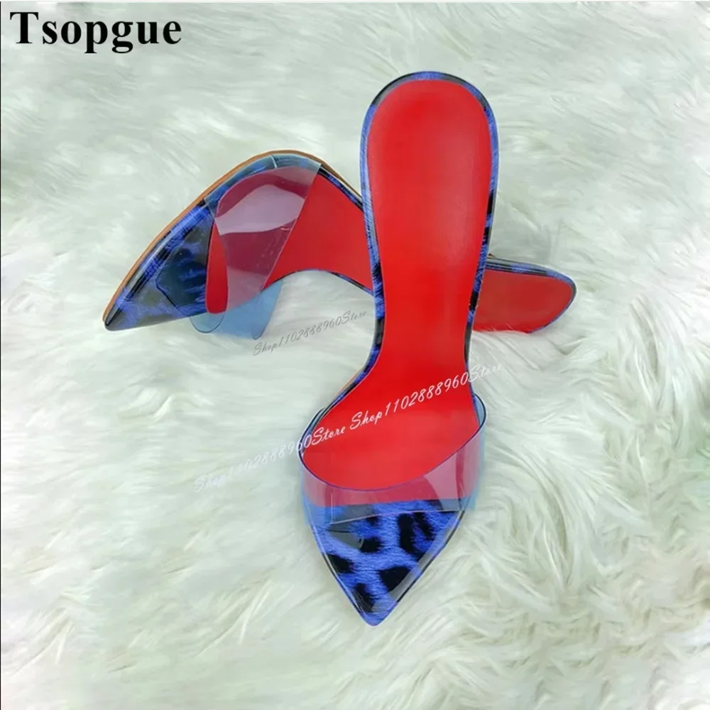 

Shallow Blue Leopard Print PVC Patchwork Slippers Cut Heel Thin High Heel Women Shoes Open Toe Casual Stylish Women Slippers