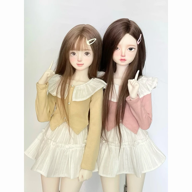 플라운스 칼라 상의 슬릿 티셔츠, 화이트 플리츠 미니 스커트 세트, 1/4 SD MSD 인형 액세서리, 1/4 BJD 인형 옷, 신제품