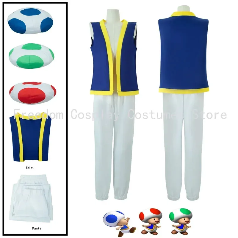 

Kinopio Toad, шляпа для косплея, костюм для взрослых и детей, игра Bros 2, фантазийная одежда для ролевых игр, жилет, брюки, карнавальные костюмы на Хэллоуин