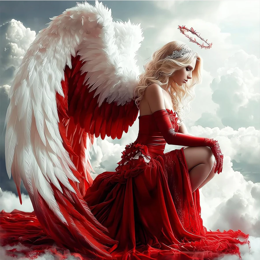 5D Diamond Painting Kits for Adults, white red wings Angel Diamond embroidery for Beginners DIY Full Drill Diamond Point Gem Art