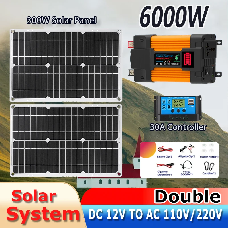 6000W Solar System Complete Kit 12V To 110V/220V 100A Controller 2*300W Panel Off-Grid Inverter System for Home/Camping Backup