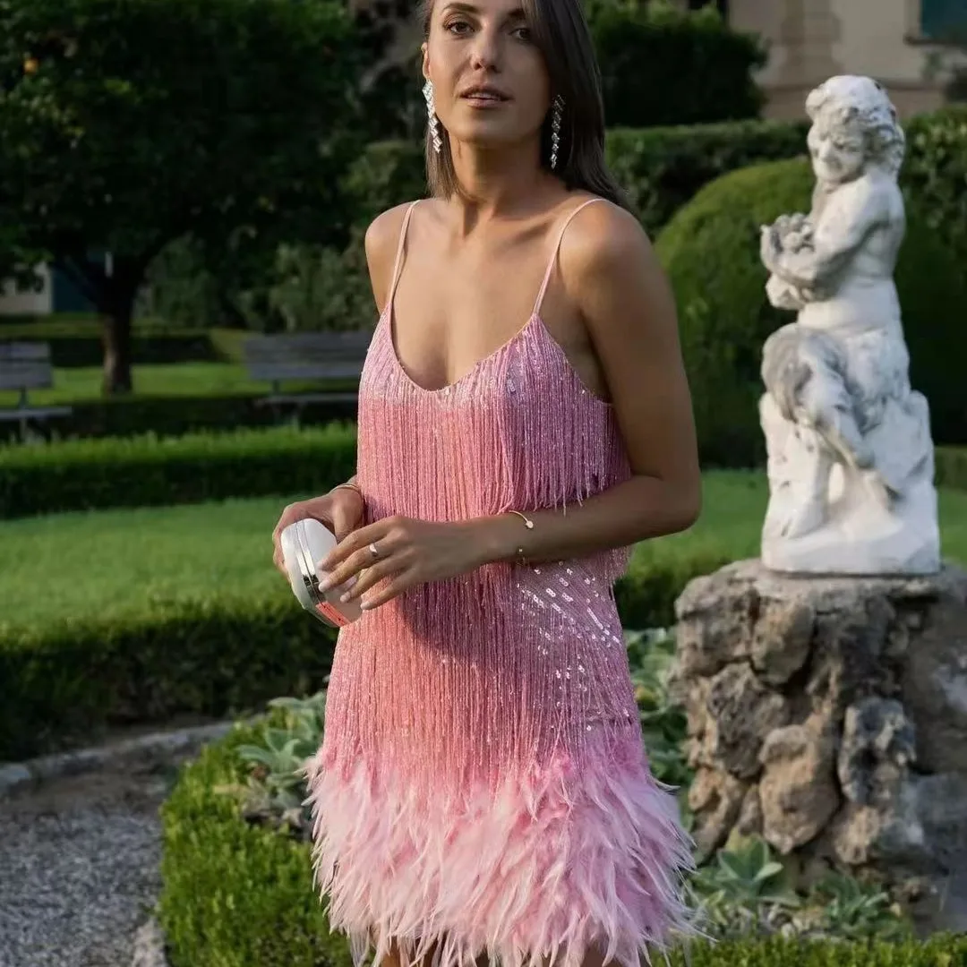 Mode Quaste Pailletten Geburtstag Party Feder Spleißen Kleid Kleid 2025, Frühjahr/Sommer Neue Mode High Street frauen Kleidung