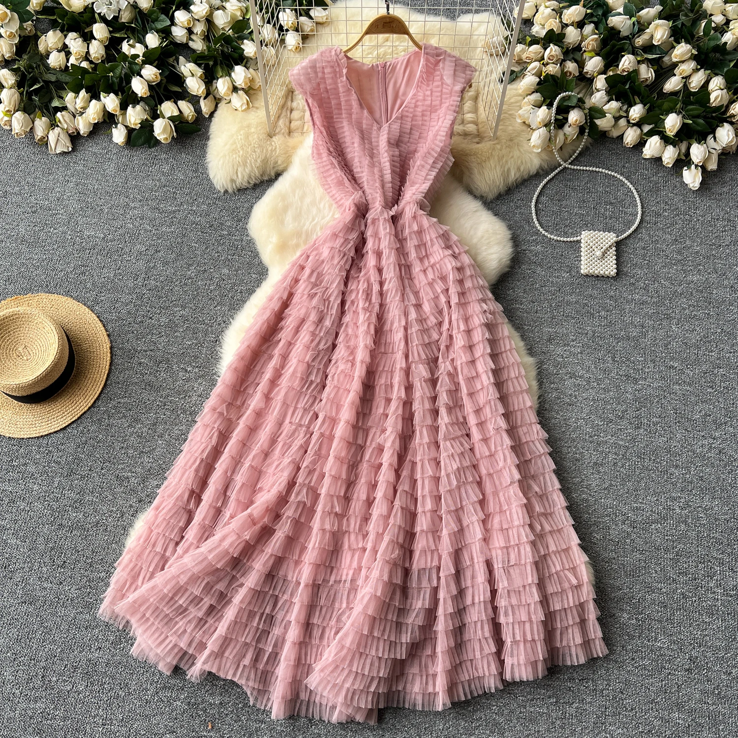 Vintage v neck Sleeveless pleated mesh Elegant Slip Dress A-line High Waist Vacation Women summer Vestidos dresses