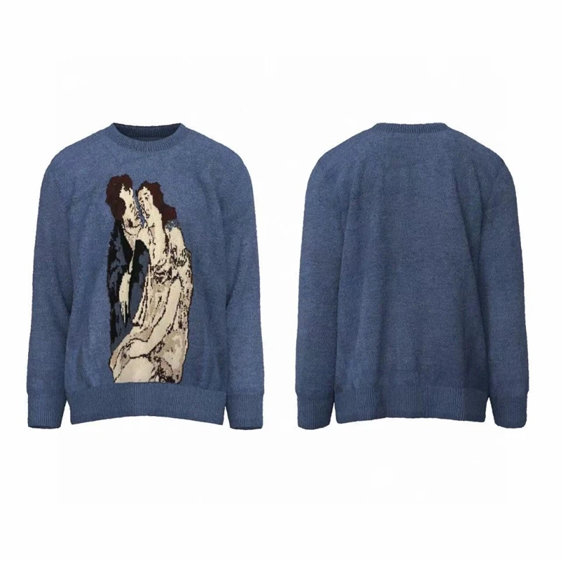 

23SS Vintage Blue Jacquard ERD Sweater Men Women 1:1 Top Version Sweaters Portrait Knit Sweatshirts Goth